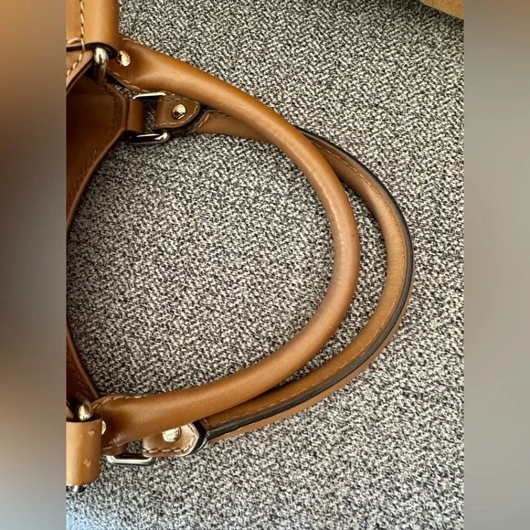 Designer-Style Brown Patterned Tote Bag with Tan Leather Trim - Picture 9 of 16